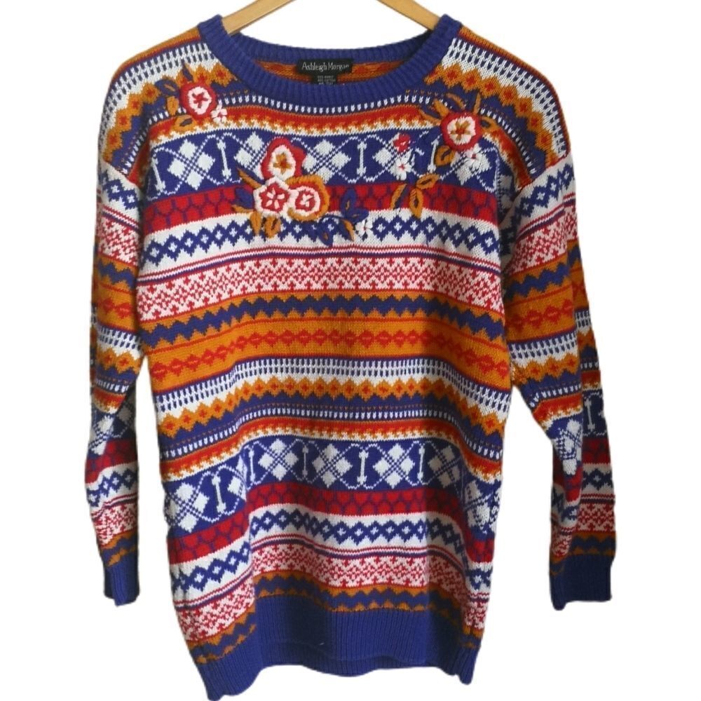 Vintage Multicolored Fair Isles Embroidered Knitted Crewneck Sweater Size Medium - Picture 2 of 14